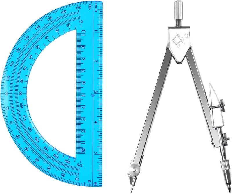 Tdfronien Students Geometry Math Set, Drawing Compass and 6 Inch Transparent Swing arm Protractor 180 Degree Math Protractor (Blue) - Image 1